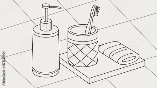 Outline drawing of bathroom essentials including soap dispenser toothbrush and hand towel on tile floor