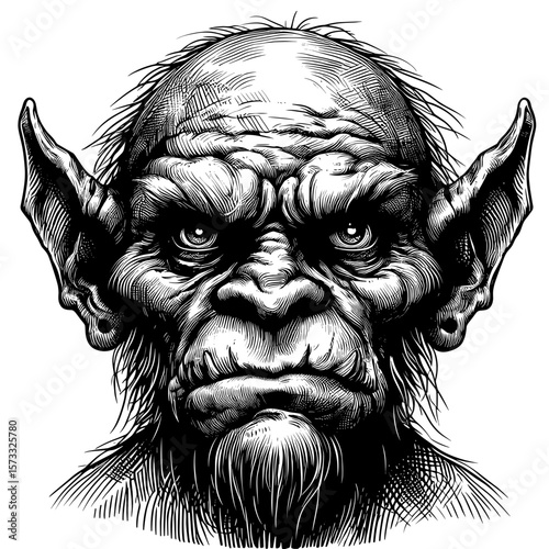 goblin staring menacingly in black and white style