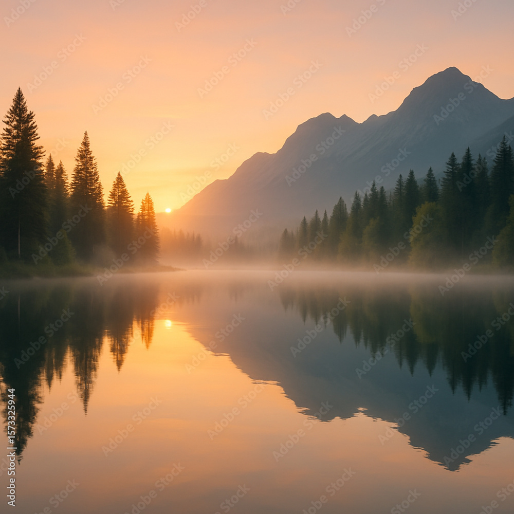 Fototapeta premium Sunrise Over Misty Alpine Lake with Forest Reflection and Mountain Peaks 