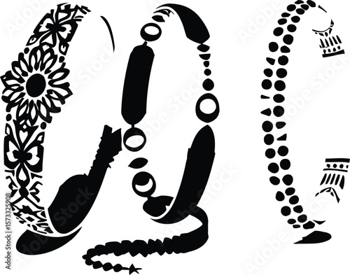Delicate silhouette vector featuring three distinct bracelet designs arranged with refined symmetry—each piece showcases unique ornamental styles. The left design highlights intricate floral vines 