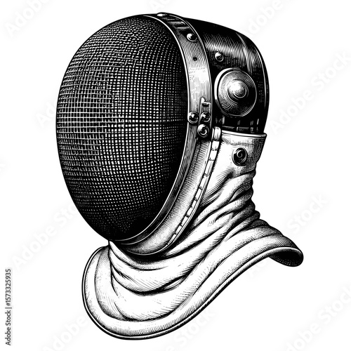 Fencing mask illustrated in black and white for protection in fencing