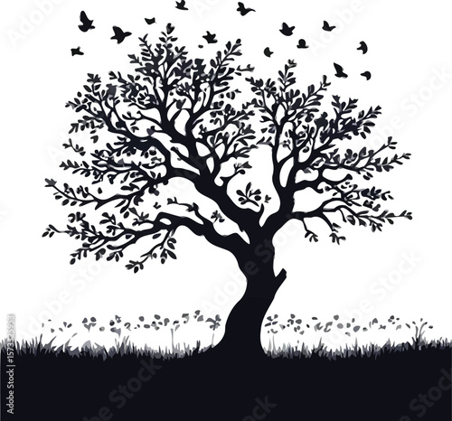 Graceful silhouette vector portraying a strong, grounded tree with expansive leafy branches, surrounded by fluttering birds and wild grass dotted with delicate flowers—capturing themes of life, growth