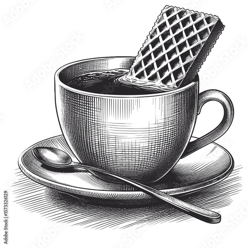 Cup with wafer in black-and-white style for coffee or tea