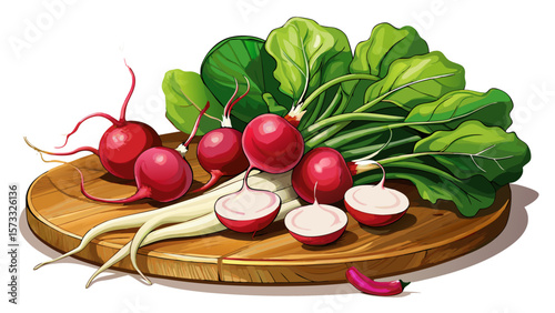  close up Round organic radishes, with ruby-red skin and bright white flesh, are scattered across a cutting board, their long roots and leaves adding character to a fresh spring salad scene. White bac