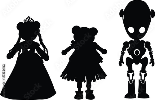 Whimsical silhouette vector blending three expressive characters—a regal princess adorned with a crown and flowing gown evoking elegance and royalty, a charming teddy-bear inspired figure in a soft 