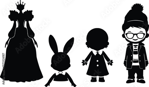 Detailed silhouette vector portraying four unique characters in charming attire—each with its own distinct personality. A royal figure in a puff-sleeved gown and crown radiates elegance and grace. 