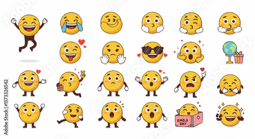 World Emoji Day Mascot Stickers – Cute Emoji Characters Vector Set