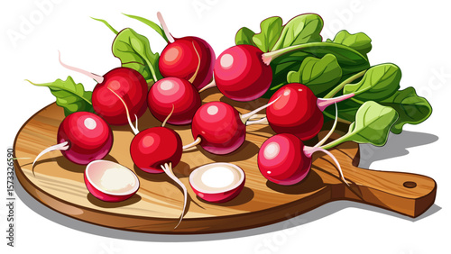  close up Round organic radishes, with ruby-red skin and bright white flesh, are scattered across a cutting board, their long roots and leaves adding character to a fresh spring salad scene. White bac