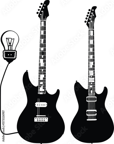 Expressive silhouette vector featuring two electric guitars with checkered necks—one creatively connected to a light bulb by wire, symbolizing the fusion of musical energy and invention. 