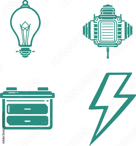 Striking silhouette vector showcasing four key icons representing foundational elements of electricity and power systems—a light bulb signifying illumination and ideas, an electric motor symbolizing 