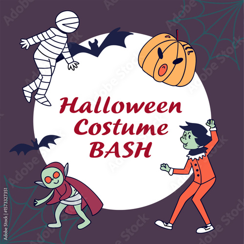 Illustration of a halloween costume bash with mummy, vampire, pumpkin, and green skinned character on purple