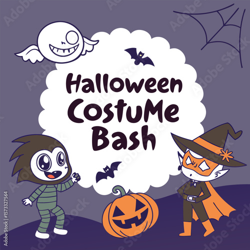 Halloween costume bash illustration with cartoon characters including a ghost bat witch and pumpkin image