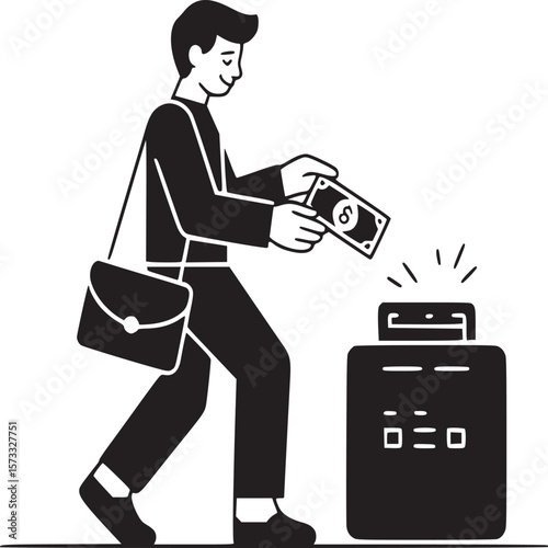 Man depositing money into a machine with a bag over his shoulder in a black and white illustration