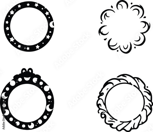 Silhouette vector highlighting four unique circular emblems—each rich with symbolism and ornamentation. The top left frame features crescent moons and stars, evoking celestial grace and mysticism. 