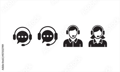 Customer Support Icon Set with Headsets and Chat Symbols – Black Silhouette Pack
