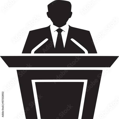 Silhouette of a person in a suit standing behind a podium with microphones in a simple black and white style