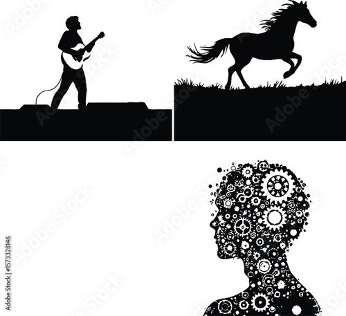 Silhouette vector depicting a thoughtful trio of scenes: a person immersed in electric guitar performance radiating artistic passion, a horse galloping through grassy terrain embodying strength 
