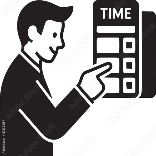 Man in suit pointing at time management app with buttons in black and white minimalist illustration