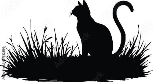 Peaceful silhouette vector featuring a solitary cat seated gently in a wild patch of grass, its tail curled with quiet curiosity, embodying themes of solitude, observation, and natural serenity 