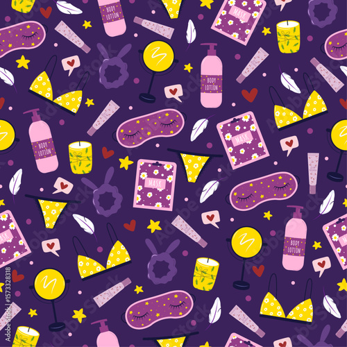 Hand drawn seamless vector pattern with self care things and items. Pajama party background. Cute girl routine wallpaper