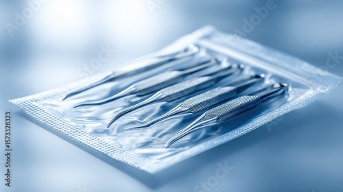 Close-up of metal tweezers in plastic packaging