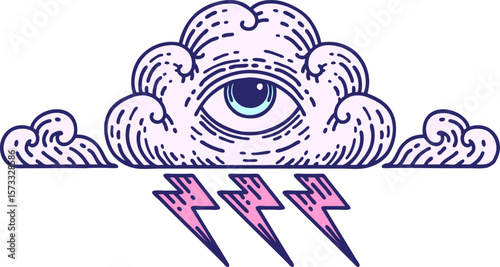 tattoo in traditional style of an all seeing eye cloud in bright neon color