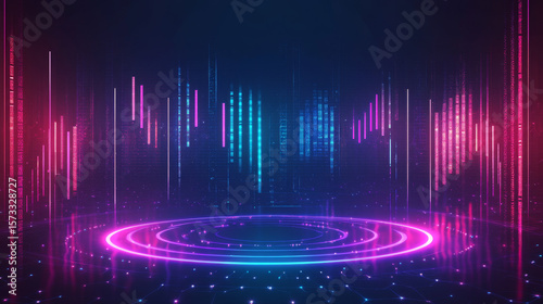 A vibrant vector illustration featuring neon circles representing sound waves and an audio equalizer. The glowing round shapes symbolize music, voice assistant activity, and voice recognition apps. 