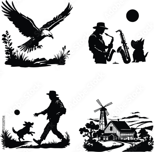 Playful silhouette compilation capturing four distinct scenes: an eagle descending gracefully near foliage, a person playing saxophone beside a curious cat, a joyful interaction between a backpacked 