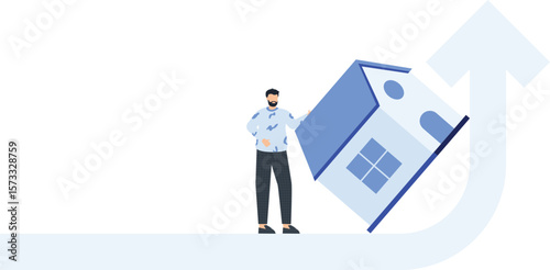 Real Estate Market Growth Concept Illustration Man with House and Upward Arrow Property Investment Success Flat Design, finance, asset, value, increase, rising, home, mortgage, purchase, buyer, 