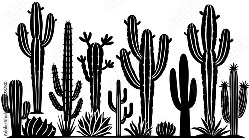 Cactus Desert Silhouettes Set – Large Pack of Vector Cacti Shapes on Isolated White Background for Nature and Landscape Design

