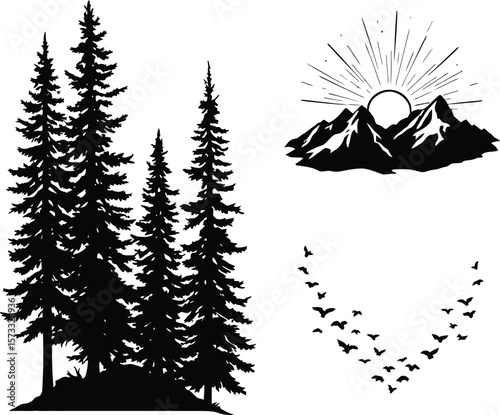 Majestic, serene composition of soaring birds, golden sunrise over mountain peaks, and windswept pine trees on sloping terrain capturing freedom, renewal, and tranquility in a nature-inspired silhouet