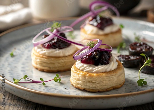 Puff pastry bites with creamy filling and berry topping