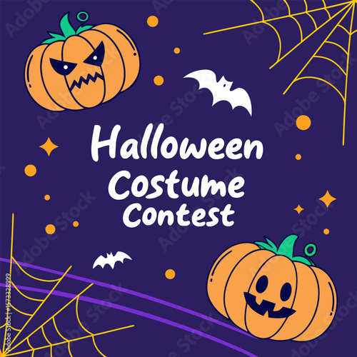 Spooky halloween costume contest announcement featuring friendly pumpkins bats spiderwebs and stars on a deep purple background perfect for party invitations flyers or social media posts