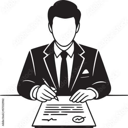 Illustration of a faceless man in a suit signing a document on a desk with a pen in his hand