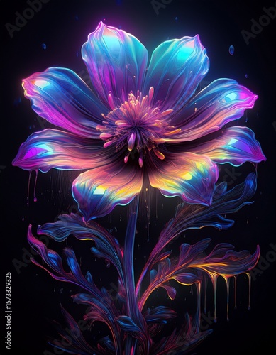 Iridescent abstract art with neon glow paint on black background, featuring minimalist flower forms, zen brushstrokes, and dramatic luminous drops in shimmering colors.