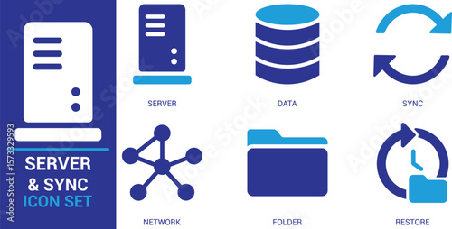 Server and network sync icon pack with data storage, folder, restore, and cloud connection symbols. Ideal for IT services, cloud computing, data backup, and system administration.






