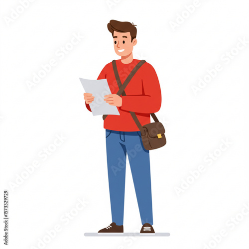 Smiling young man holding a document, wearing casual clothes and a messenger bag.
