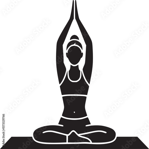 Silhouette of a woman in a yoga pose with hands raised above her head on a yoga mat in black and white