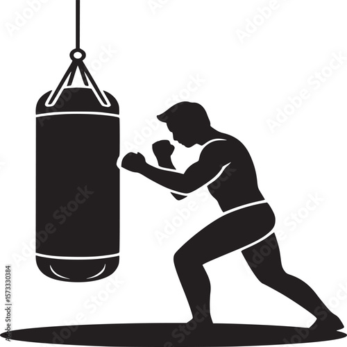 Silhouette of a boxer training with a punching bag in a gym on a light gray background image