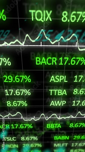 Animation of trading board and multiple graphs and globe over black background
