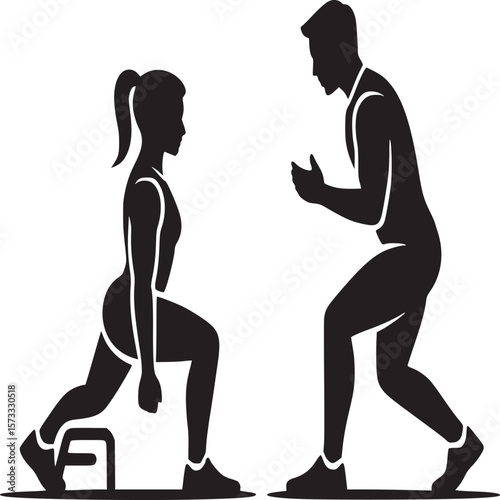 Woman doing lunges with a step as a man coaches her in a fitness training session silhouette style