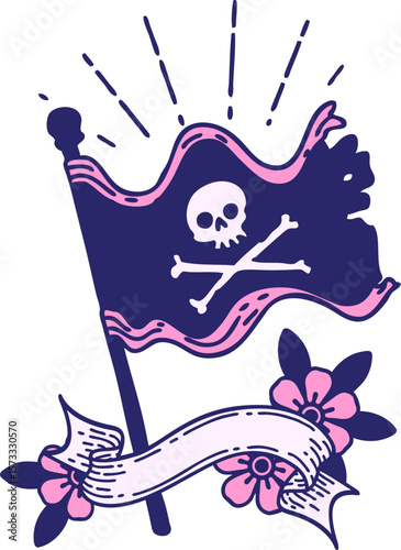 scroll banner with tattoo style waving pirate flag in bright neon color