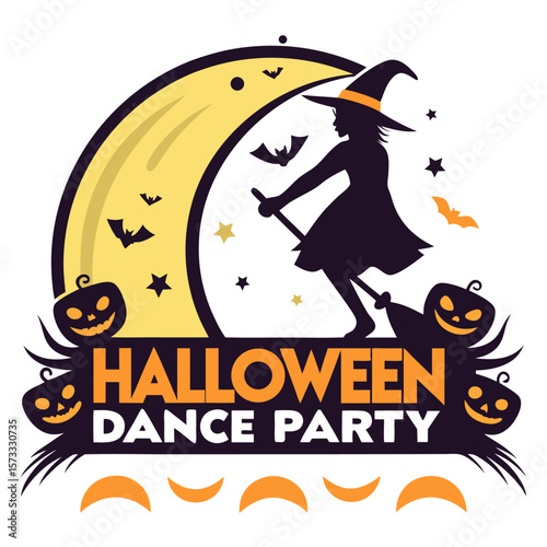 Silhouette of a witch flying on a broomstick with pumpkins and bats for a halloween dance party event