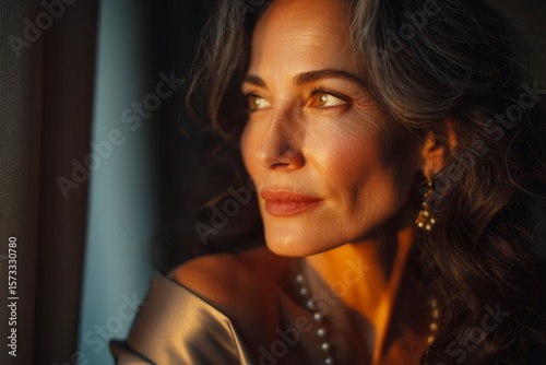 Soft sunlight highlights the graceful features of a woman with flowing gray hair as she gazes thoughtfully out the window. The warm tones create a serene atmosphere in the room.
