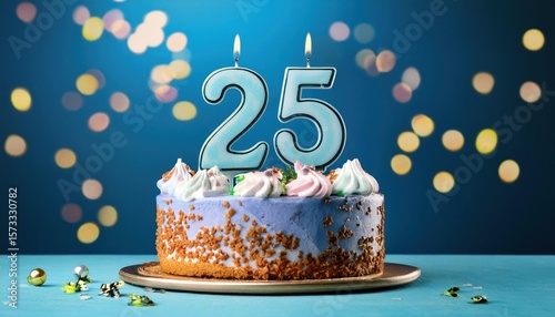 Happy 25th Birthday Cake with Candles and Blue Backdrop