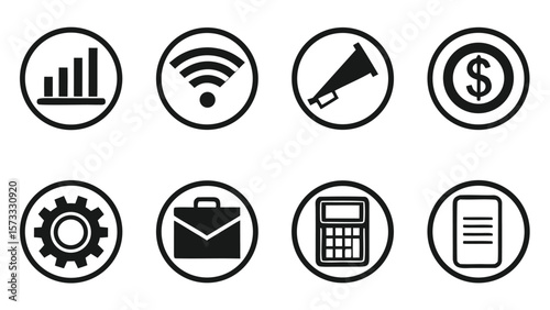 Collection of eight business and finance related icons in black and white circles