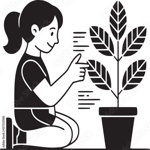 Girl kneeling pointing at plant in pot with lines indicating growth in black and white illustration