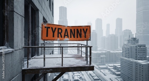 Cityscape Tyranny Warning Sign - A warning sign reading 