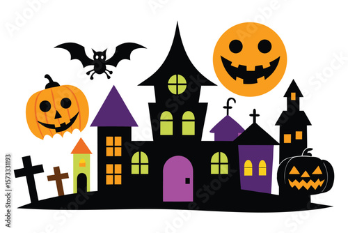 Halloween background with haunted house pumpkins and bats at night