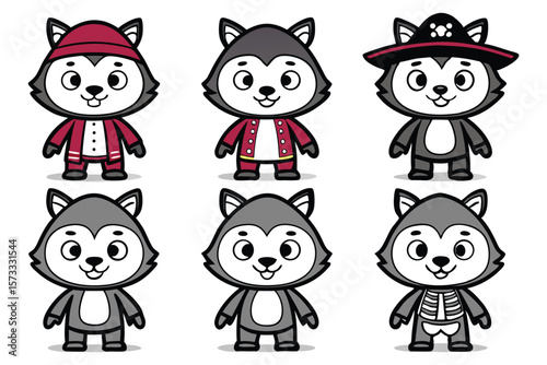 Six cartoon wolves in costumes and skeleton outfit wolf werewolf